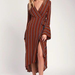 Striped burgandy wrap high low dress Small